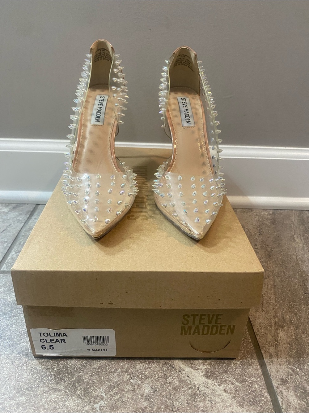 Steve Madden Tolima Clear Pointed-Toe Pump with Iridescent Studs